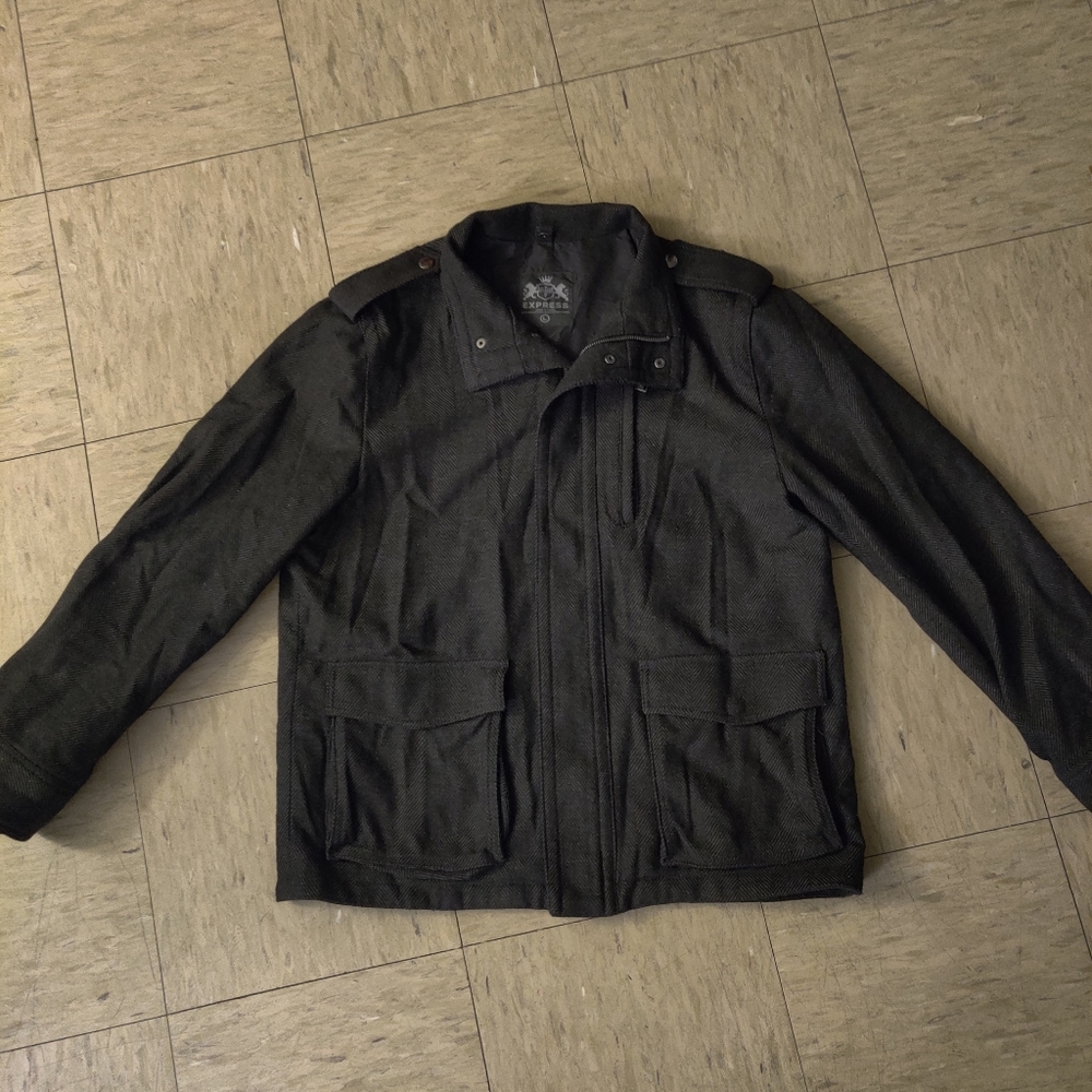 Express Herringbone Gray Wool Jacket L